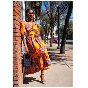 NWT FARM RIO Beaded Macaws Puff Sleeve Midi Dress Size XS